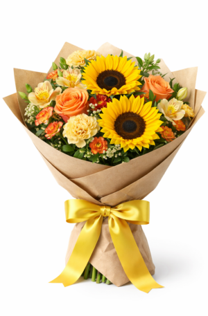 Bouquet Radiante de Girasoles y Rosas en Tonos Cálidos