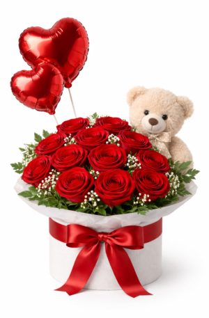 Arreglo “Abrazo de Amor” con Rosas, Globos Corazón y Peluche