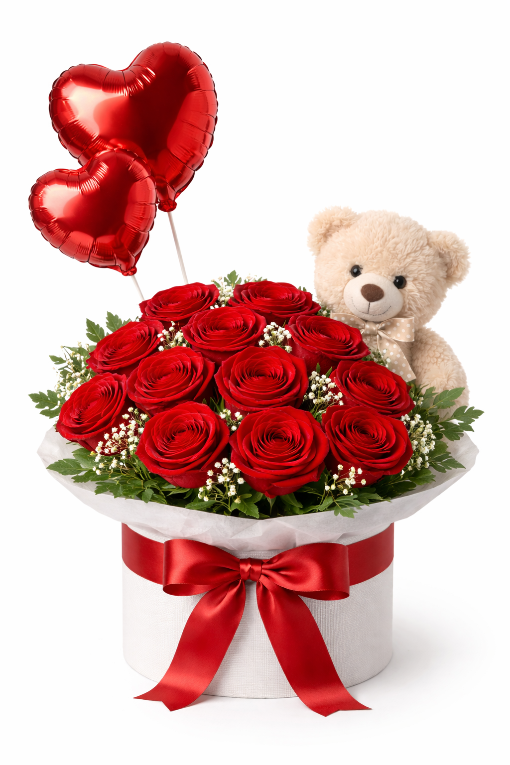 Arreglo “Abrazo de Amor” con Rosas, Globos Corazón y Peluche